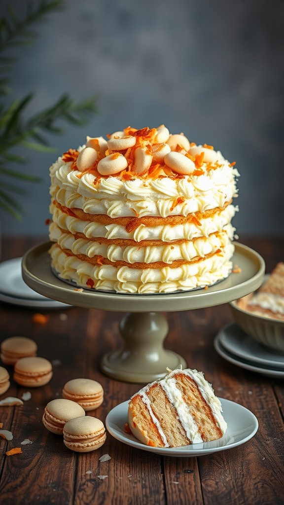 Decadent Coconut Macaroon Cake Recipe A layered coconut macaroon cake topped with toasted coconut, served on a cake stand with a slice on the side.